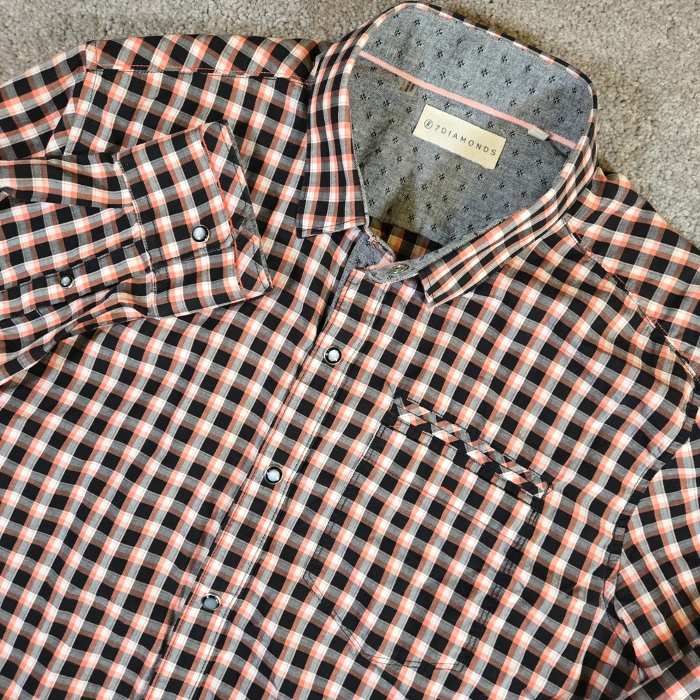 7 Diamonds Orange Black Plaid Long Sleeve Pearl Snap Shirt Medium